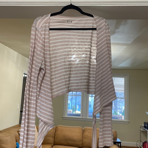 Three Dots Cream and White Stripped Cross Tie Wrap Long Sleeves Top - Picture 2 of 6